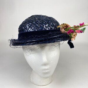 Vintage Straw Boater Hat Navy Blue Velvet Ribbon & Floral Accent Union Label
